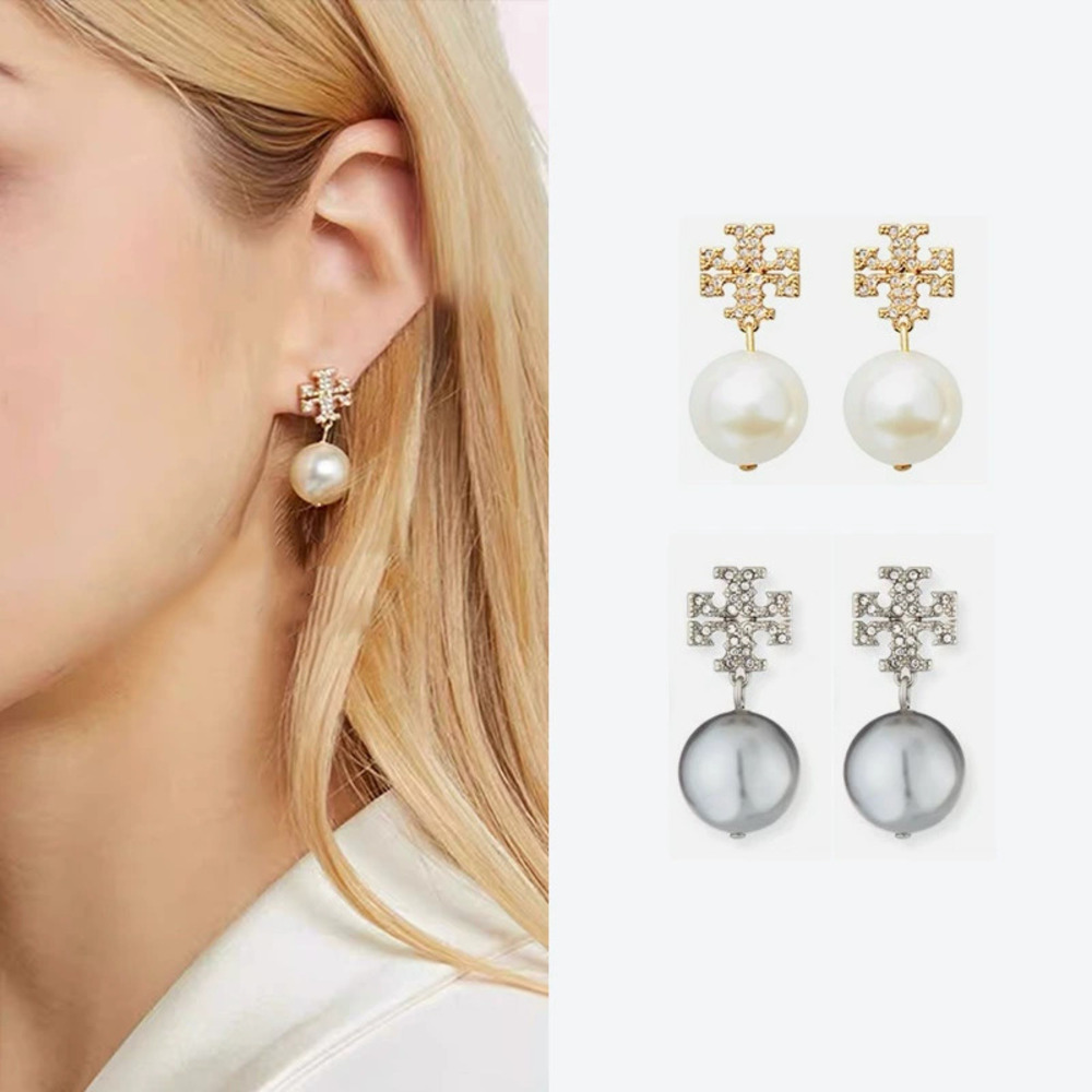 Tory Burch Gold Plated Pave Double Faux Pearls Drop Earrings